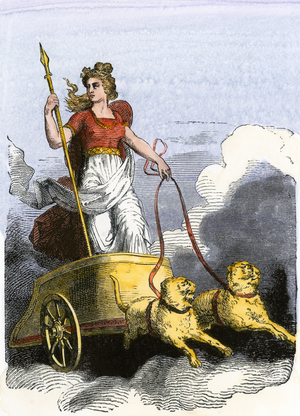 Freyja (Frigg, Friggja), wife of Odin, driving his tank shot by two blue cats - Norse deity Frigga, wife of Odin, driving a trolley. Hand-colored woodcut of a 19th-century illustration