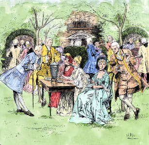 Outdoor tea party in New England (New England) colonial, 18th century. Colourful engraving of the 19th century.
