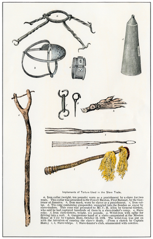 Instruments of torture used in the slave trade. Mask and steel necklaces used as punishment, tinplate cone for smuggling gunpowder in Sudan, wooden yoke, metal straps, iron wrists to be fixed in a wall used with the aim of causing death and a slave hand gangrenee and amputee in 1879 and a whip decorated with engravings and fringes. Coloured engraving 19th century.