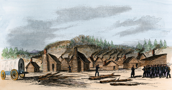 Secession War or American Civil War (1861-1865): the military camp of the Union army near the Potomac River in Virginia (USA), winter 1863 - Colorized engraving of a 19th century illustration - (Camp of the Army of the Potomac in Virginia, winter 1863. Hand-colored woodcut of a 19th-century illustration)
