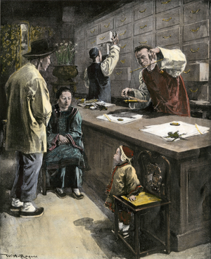 History of immigration in America: Chinese-American pharmacist weighing medicines in a shop in Chinatown, San Francisco, USA, 1890. Colourful engraving of the 19th century.