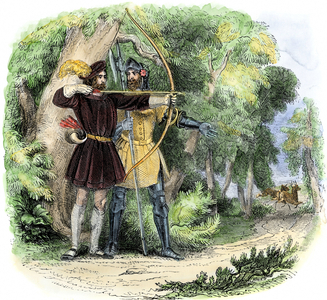 Myths and Legends: Robin Hood and Little Jeans Hunting in Sherwood Forest. Colourful engraving of the 19th century.