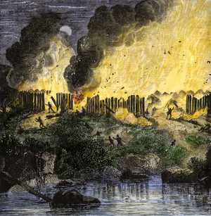 Destruction of Pequot Village by New England settlers, 1637. Colourful engraving of the 19th century.