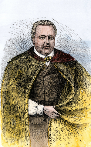 Portrait of Kamehameha I said the Great (ca. 1758-1819), king of the Hawaii Islands. Colour engraving of the 19th century.