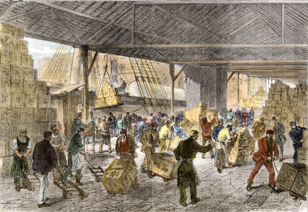 Shipping: Unloading of the cargo from the East India Company's warehouses, London, England, 1860s. Colouring engraving of the 19th century.