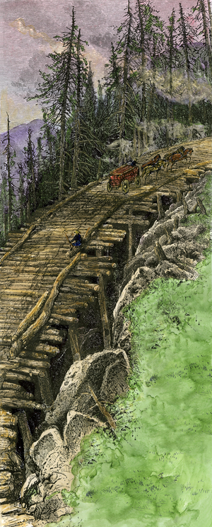 United States, State of Vermont: Corduroy Bridge made of tree trunks, on the road to Mount Mansfield, Vermont, 19th century. Colour engraving of the 19th century