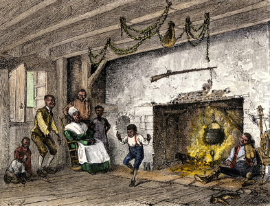 Music: Family of slaves making music and dancing in a room in the house of Knickerbocker mansion, New York, 18th century. Colour engraving of the 19th century.