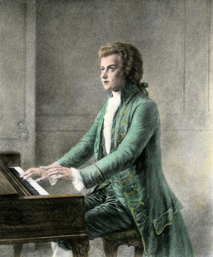 Portrait of Wolfgang Amadeus Mozart (1756-1791) on the keyboard. 19th century colour engraving.