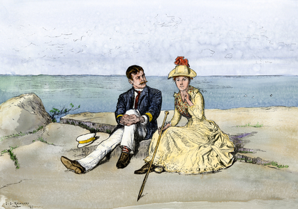 American daily life: sport and recreation, young couple of tourists stopping at the top of Newport Mountain on Desert Mountains Island, Acadia National Park, Maine, and admiring the Atlantic Ocean, circa 1880. Colour engraving, 19th century.