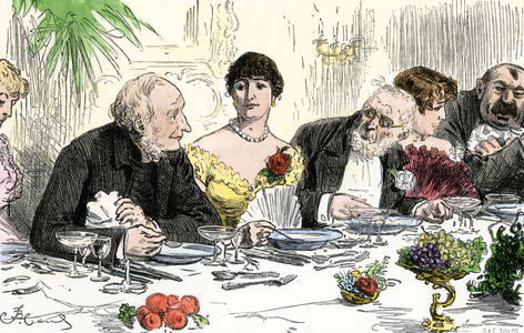 Invites conversation during a dinner of the English High Society in the United States, 19th century. Colouring engraving of the 19th century.