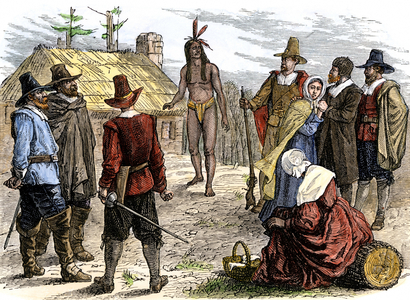 Native population of America: Indians of the United States. Samoset (1590-1653) met the pelerins, settlers of Plymouth, years 1620. Colour engraving of the 19th century.
