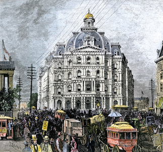 United States, New York: Traffic around the post office at Broadway and Fulton Street, years 1870. Colour engraving of the 19th century