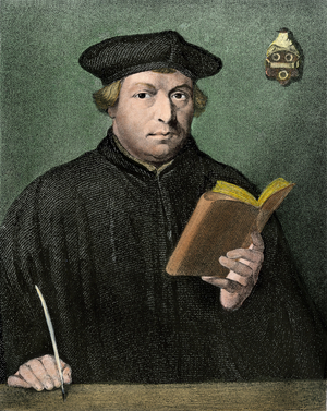 Portrait of Martin Luther (1483-1546) German reformer. Colour engraving after Holbein's painting