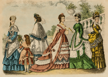 Fashion feminine and childish from the American magazine “Godey's ladies””, 1861. Dresses for women and girls of the 19th century. Colour engraving of the 19th century.