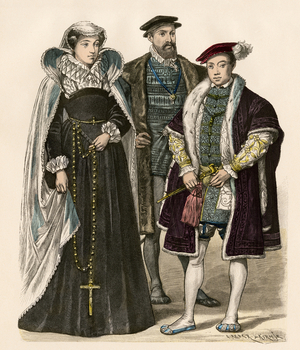 Mary I Queen of Scotland (Mary Stuart) (1542-1587) with Archibald Douglas (circa 1489-1557) Earl of Angus and her nephew Edward VI of England (1536-1553) - Mary, Queen of Scots, with Archibald Douglas, Earl of Angus, and his nephew Edward VI of England. Antique hand-colored print