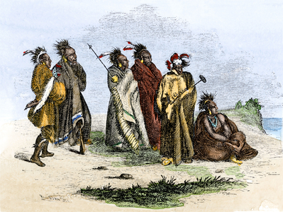 American Indians: Sauk and Fox Indians of American Algonquin (or Algonquian) in the Great Lakes region, 1850. Colour engraving of the 19th century.