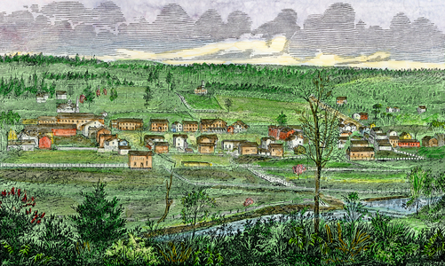 The city of Punxsutawney, Pennsylvania, where Groundhog day, a tradition that marks the candlestick in the United States, circa 1870 - Colorisee engraving, 19th century - Borough of Punxsutawney, Pennsylvania, where Ground Hog's Day began, 1870s - Hand-colored woodcut of a 19th-century illustration