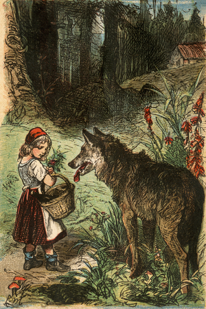Little Red Riding Hood meets the wolf on the way to the forest - Illustration of a Berlin edition of 1865, tales by brothers Grimm, Jacob (1785-1863) and Wilhelm (1786-1859) - Colorisee engraving 19th century - Little Red Riding Hood, from a Berlin edition of Grimms' Fairy Tales, 1865 - Antique hand-colored illustration from the book