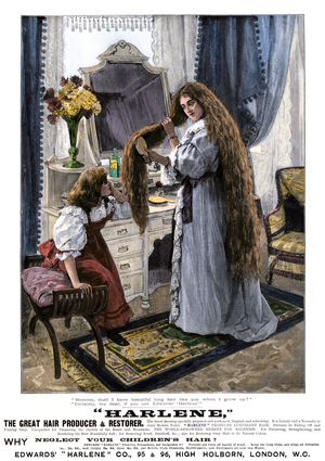 Advertising for the hair product Edward's Harlene (hair shampoo), London, England, years 1880. Colour engraving of the 19th century.