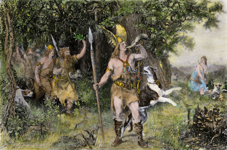 Civilization of Antiquity: Arminius (Hermann der Cherusker, 16 BC-21 AD), warlord blowing in his horn to call the Cheruscans to the battle (Battle of Teutoburg) against the Romans of the former Germanic Empire. Colour engraving of the 19th century.