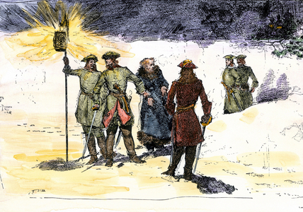 Great North War or Second North War (1700-1721): Russians stop a spy during the war against Sweden. Colourful engraving of the 19th century.