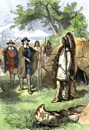 Native population of America: Indians. Governor Winslow met Massasoit (1590-1661) also known as Ousamequin “Yellow Feather”” leader of the Wampanoag tribe, Plymouth Colony, years 1620. Colour engraving of the 19th century.