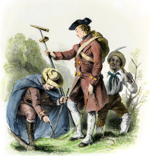 George Washington (1732-1799) geographer in Virginia, USA. 19th century coloring engraving.