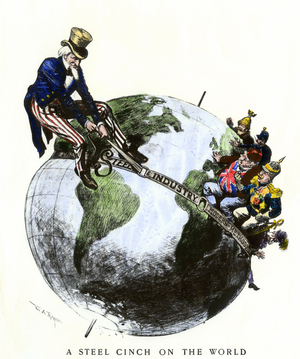 Uncle Sam squeezing a steel belt around the globe symbolizing America's domination of the new methods of working in the metallurgical industry vis-à-vis other powers (England, Prussia, Russia...). Cartoon from 1901.