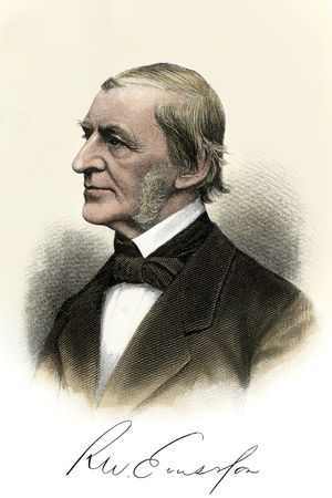 American essayist and transcendentalist (transcendantalism) Ralph Waldo Emerson (1803-1882), with autograph. Hand-colored engraving of a 19th-century portrait