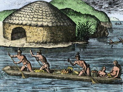 Florida Indians bringing harvested crops to a storehouse of stone and earth, ca. 1500 - Native American canoe, Florida - Florida natives bringing harvested crops to a storehouse of stone and earth, 1500s. Hand-colored Debry engraving of a lost Le Moyne painting