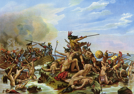 Discovery of the New World (Discovery of America): Battle of Santa Cruz, one of the first massacre of the Indians of the New World (New World) by the conquistadors. Lithograph from a painting by O. Graeff