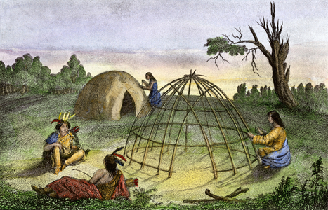 History of Indigenous Peoples: Algonquin (American people of North America building their hut (wigwam). Colourful engraving of the 19th century.