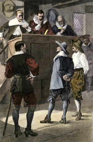 Quakers before the judges of the Court of the English Court, United States. Colour engraving of the 19th century.