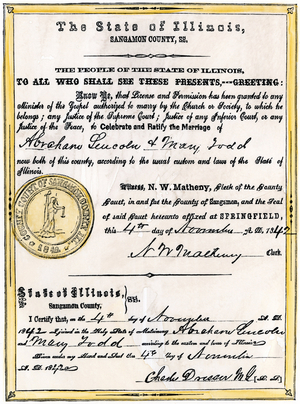 Marriage certificate of Abraham Lincoln (1809-1865) and Mary Ann Todd Lincoln (1818-1882), 1847. College simile.
