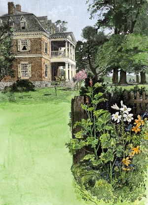 United States, State of Virginia: House of Plantation near the James River River, Virginia, 19th century. Colour engraving of the 19th century
