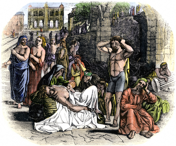 Victims of the epidemic of bubonic plague. 19th century engraving after a painting by Nicolas Poussin.