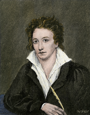 Literature: Percy Bysshe Shelley (1792-1822), English romantic poet. Colour engraving.