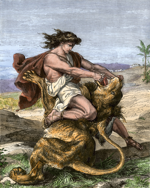 Samson slaughters a lion with bare hands.