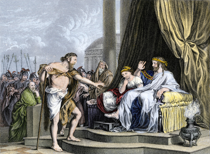 Biblical scene: Saint John the Baptist criticizing Herode Head of Palestine. Colourful engraving of the 19th century.