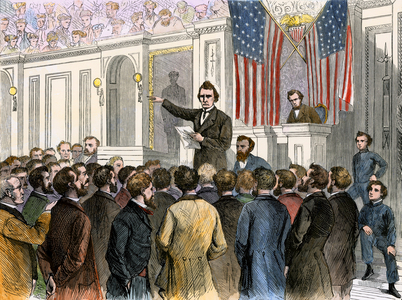 Thaddeus Stevens (1792-1868) clots the debate at the Congress on the removal of President Andrew Johnson (1808-1875), 1868 - Colorisee engraving 19th century - Thaddeus Stevens closing the debate in Congress on President Andrew Johnson's impeachment, 1868 - Hand-colored woodcut of a 19th-century illustration