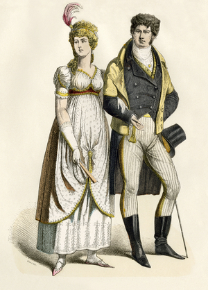 Fashion of the German Empire: Costume of a German bourgeois couple around 1800.
