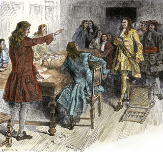 Pirates and Privateers: Capt. Kidd's surrender to New England authorities for piracy, 1699. Colour engraving of the 19th century.