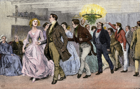 Christmas holiday party with American folk dance: couple dance. Colourful engraving of the 19th century.