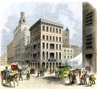 United States, Pennsylvania: Ledger Building and Jayne's Building on Third Street, Philadelphia Commercial District, 1850. Colour engraving of the 19th century
