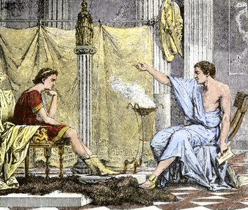 Civilization of Antiquity: Aristotle, philosopher of Ancient Greece (384-322 BC) teaching the young Alexander The Great. Colour engraving of the 19th century.
