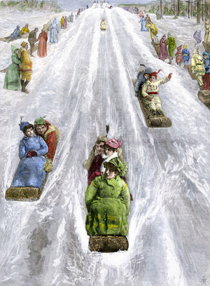 Winter Games: Sledge racing in the Montreal Park Slides, Canada, years 1880. Colourful engraving of the 19th century.