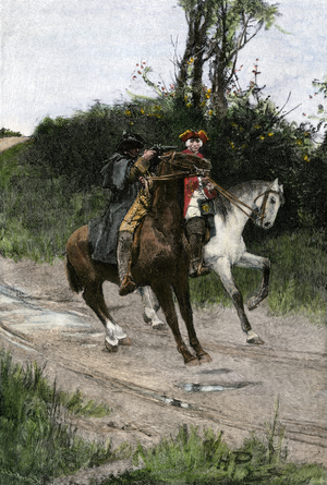 The highway bandit Dick Turpin (1805-1739) rocking a rider on an English road under the threat of a pistol, 18th century. Illustration by Howard Pyle (1853-1911). Engraving on wood colour, 19th century.
