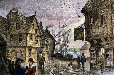 United States, Massachusetts: Port of Boston Colony, Massachusetts Bay, years 1660. Colour engraving of the 19th century