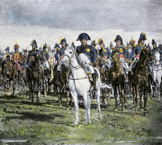 Napoleon I Bonaparte with his military troops on a battlefield. Colour engraving of the 19th century.