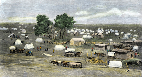 Oklahoma City Foundation during the land rush, c.1889 (engraving)